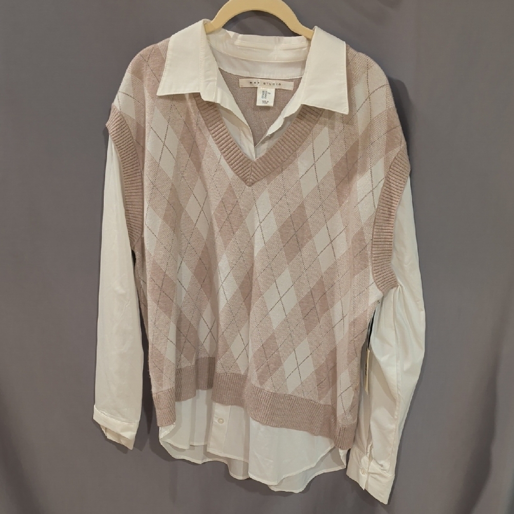 Argyle Knit Vest with White Shirt XL NWT